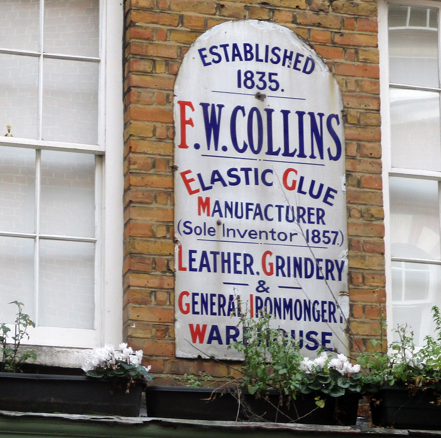 Old elastic glue sign on Earlham Street in London's Seven Dials