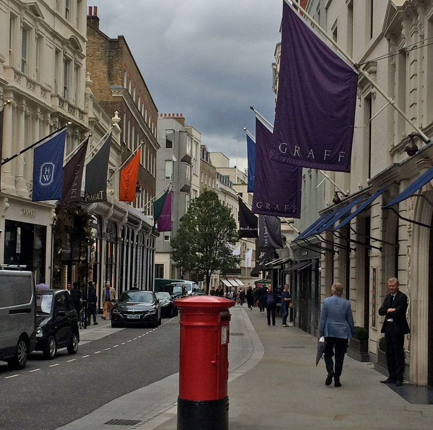 Jewellers shops on New Bond Street in London's Mayfair