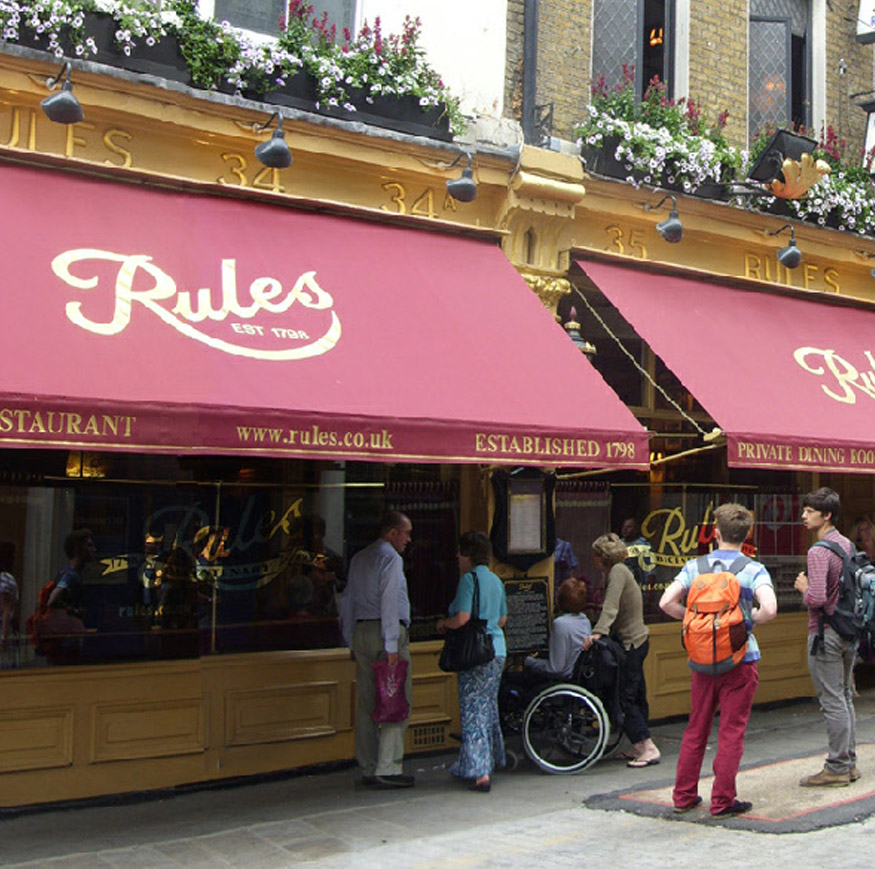 Rules English restaurant on Maiden Lane in London's Covent Garden