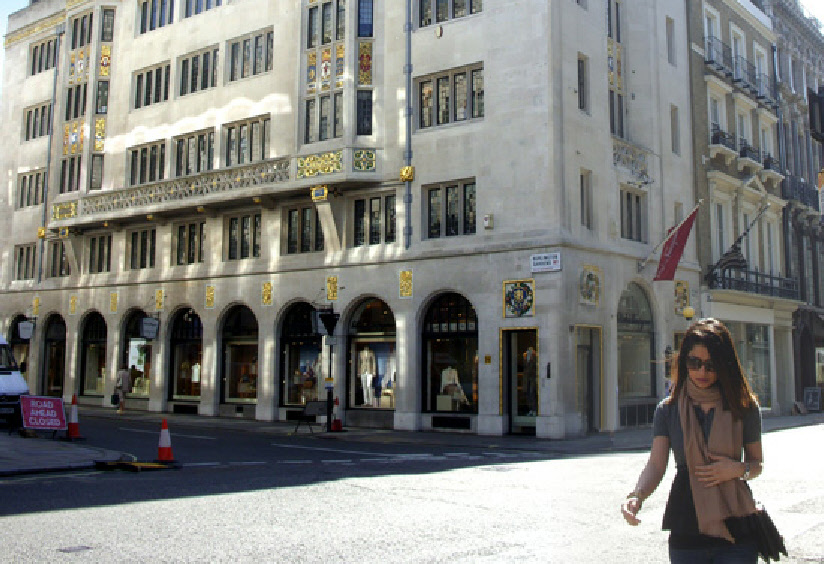 Salvatore Ferragamo shoe shop at corner of Burlington Gardens in Mayfair