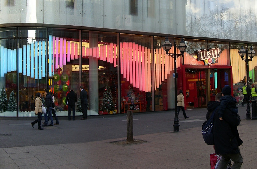 M&M’s sweets shop near Leicester Square, at corner of Wardour Street