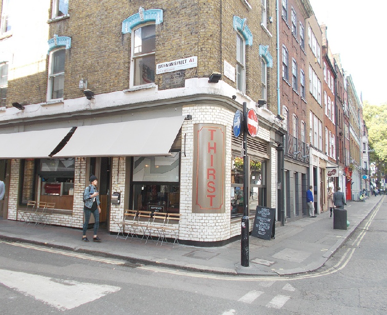 Thirst Bar on Greek Street in London's Soho, corner of Bateman Street