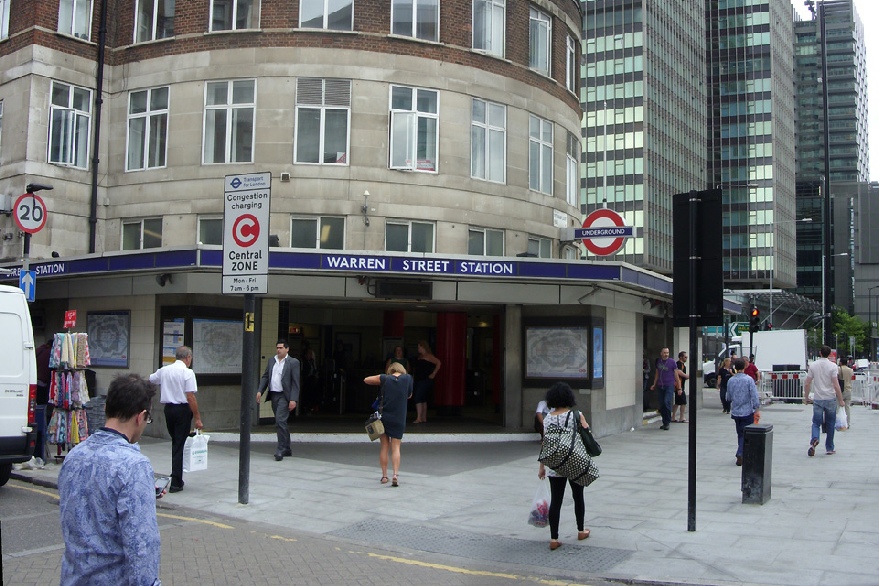 Warren Street station on Tottenham Court Road in London, near junction with Euston Road